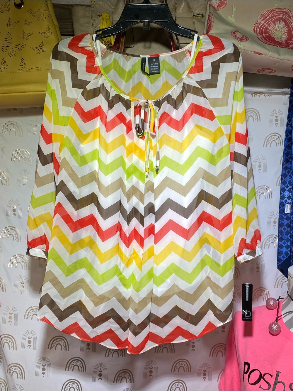 new directions Chevron Tie-Neck Tunic Blouse in Red, Yellow, Green, Brown, White